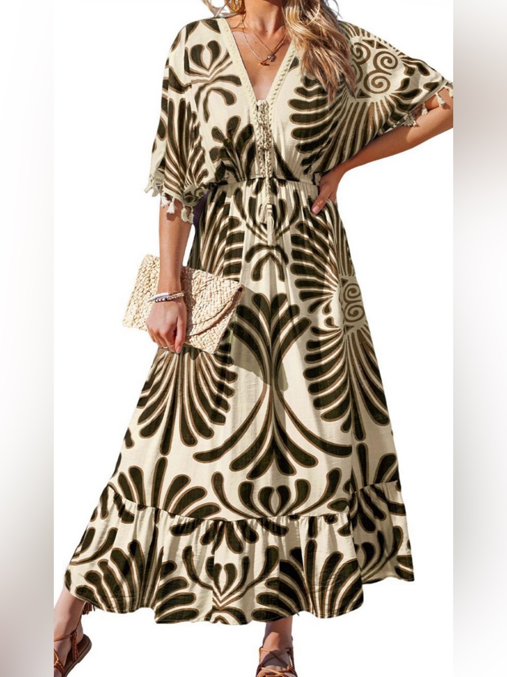 NWT _ Cupshe Women’s Always Extra Ornate Maxi Dress, Brown, Sz Large
